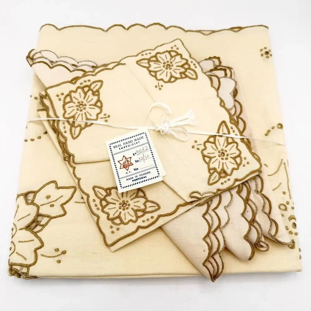 Vintage Madeira Linen Tablecloth & Napkin Set Cutwork Embroidery Portugal